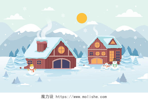 蓝色卡通扁平冬天下雪房子雪人插画大雪背景